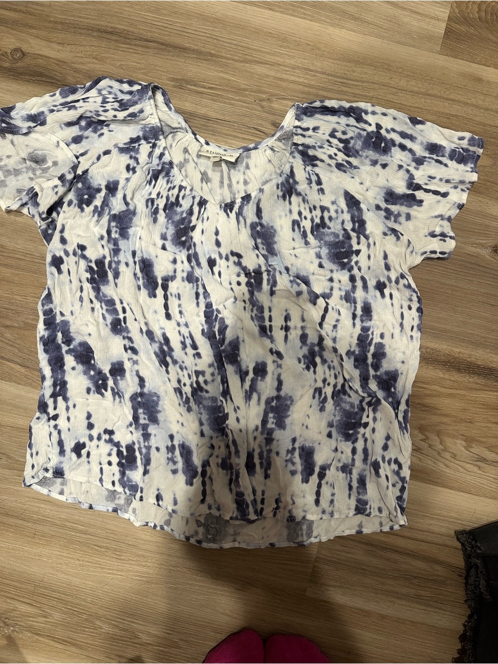 Casual Blue Tie-Dye V-Neck Women's Blouse